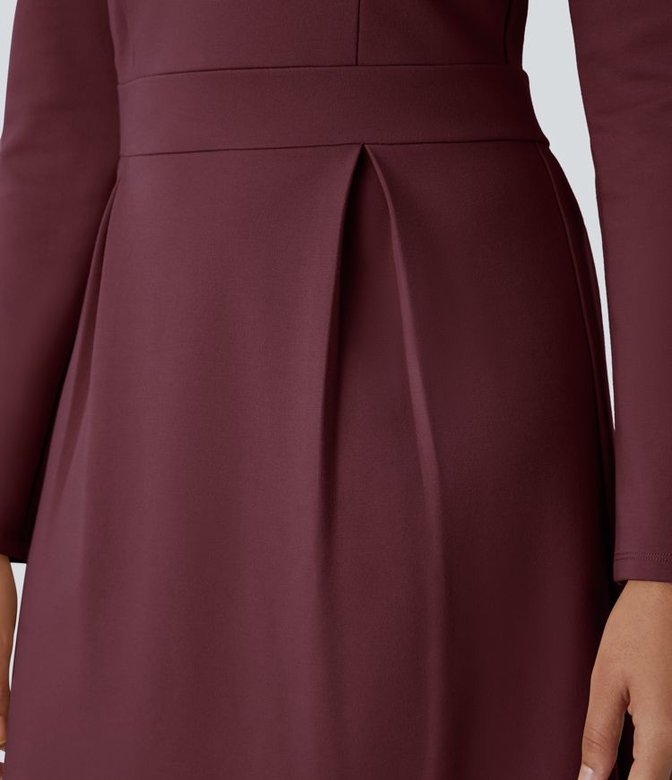 Round Neck Shoulder Pad Long Sleeve Hem Slim Mini Work Dress