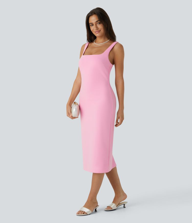 Backless Split Bodycon Built-in Mesh Shapewear Midi Party Tank Dress