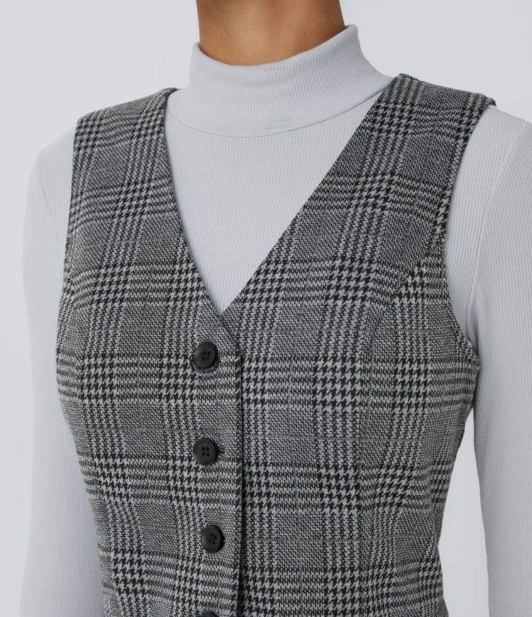 V-neck button checkered casual vest