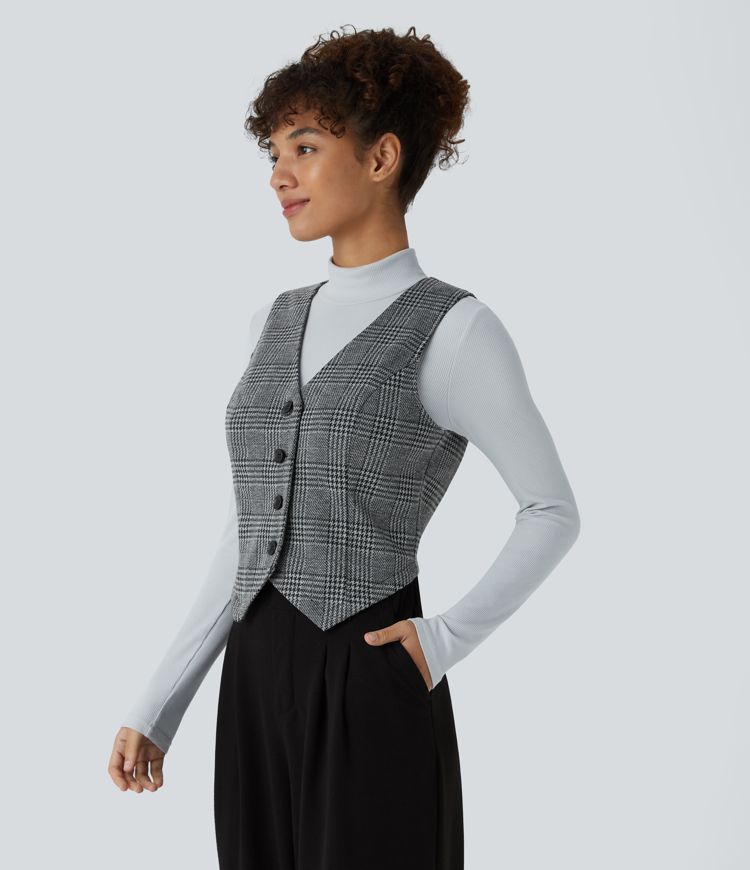 V-neck button checkered casual vest