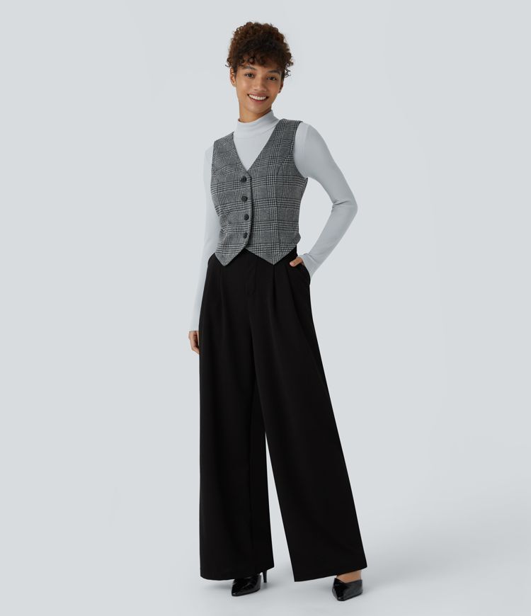 V-neck button checkered casual vest