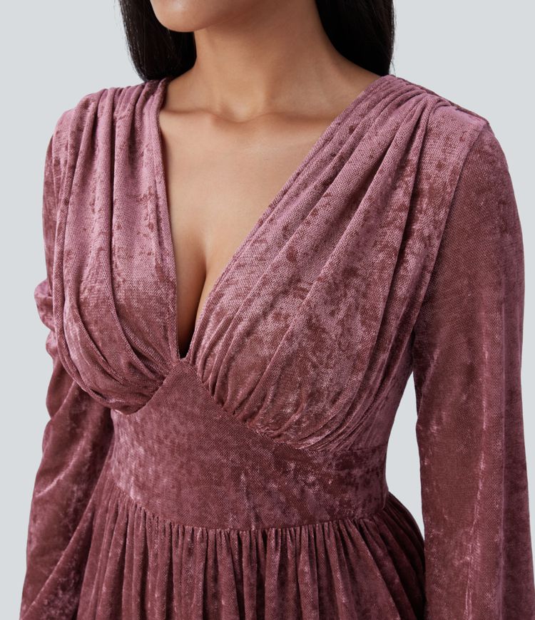See-through V-neck long-sleeved pleated velvet maxi wedding guest look dress