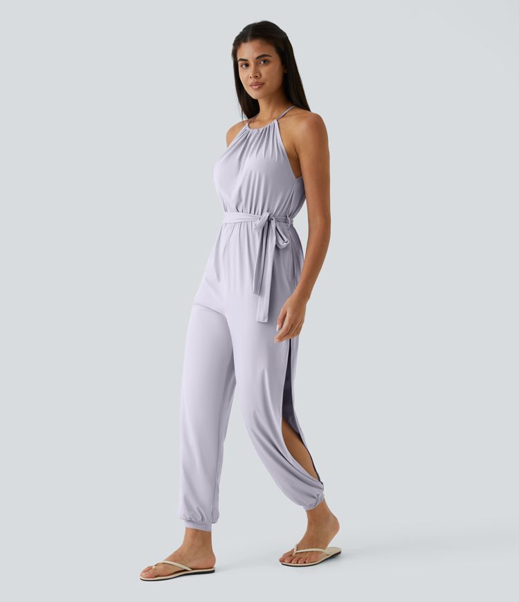 Sleeveless Tie Back Belted Pocket Cut Out Cool Touch Jumpsuit-UPF50+
