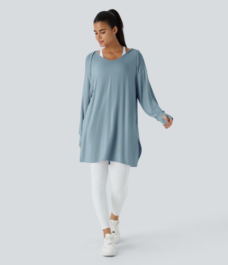 Hooded V Neck Drawstring Thumb Hole Split Longline Casual Sweatshirt