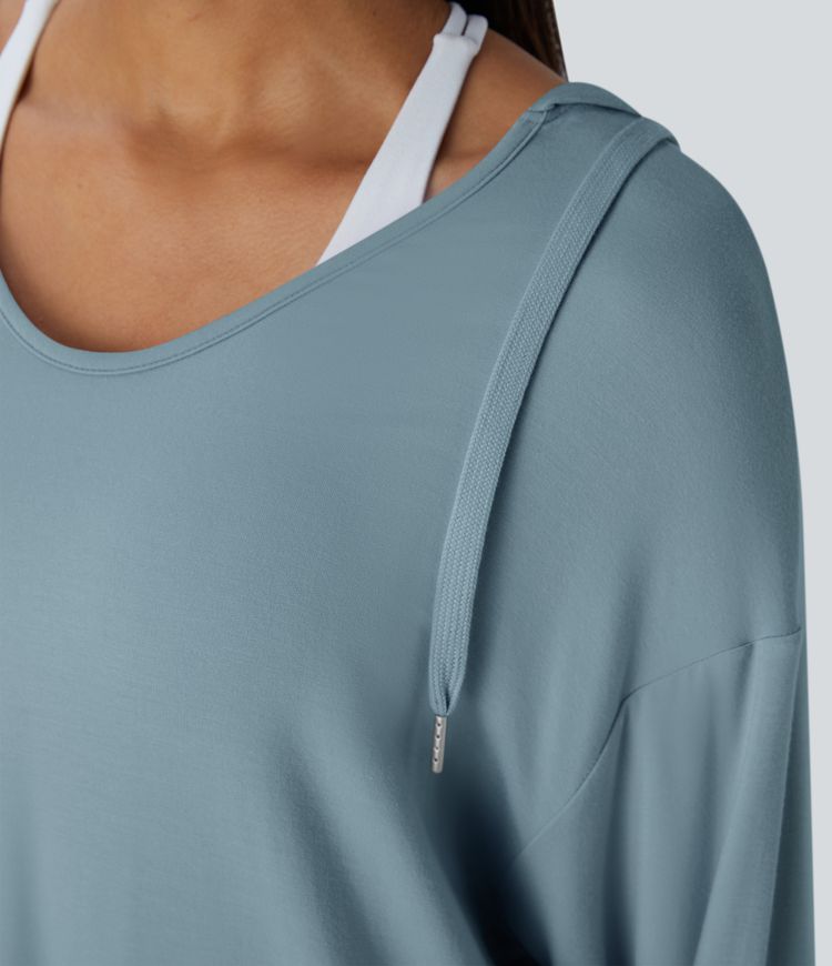 Hooded V Neck Drawstring Thumb Hole Split Longline Casual Sweatshirt