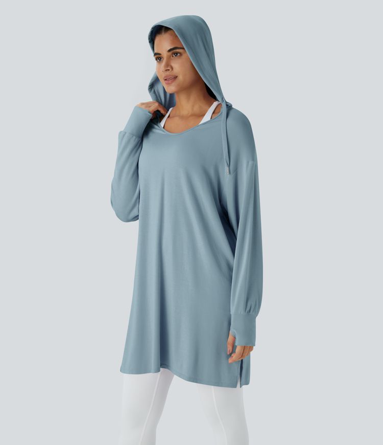 Hooded V Neck Drawstring Thumb Hole Split Longline Casual Sweatshirt