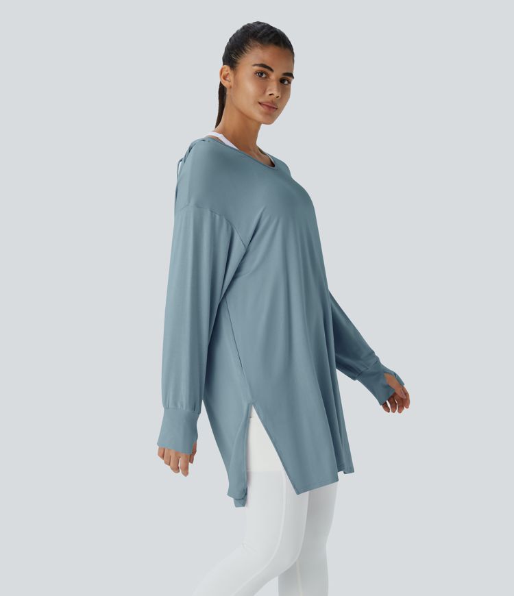 Hooded V Neck Drawstring Thumb Hole Split Longline Casual Sweatshirt