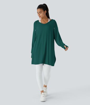 Hooded V Neck Drawstring Thumb Hole Longline Casual Sweatshirt