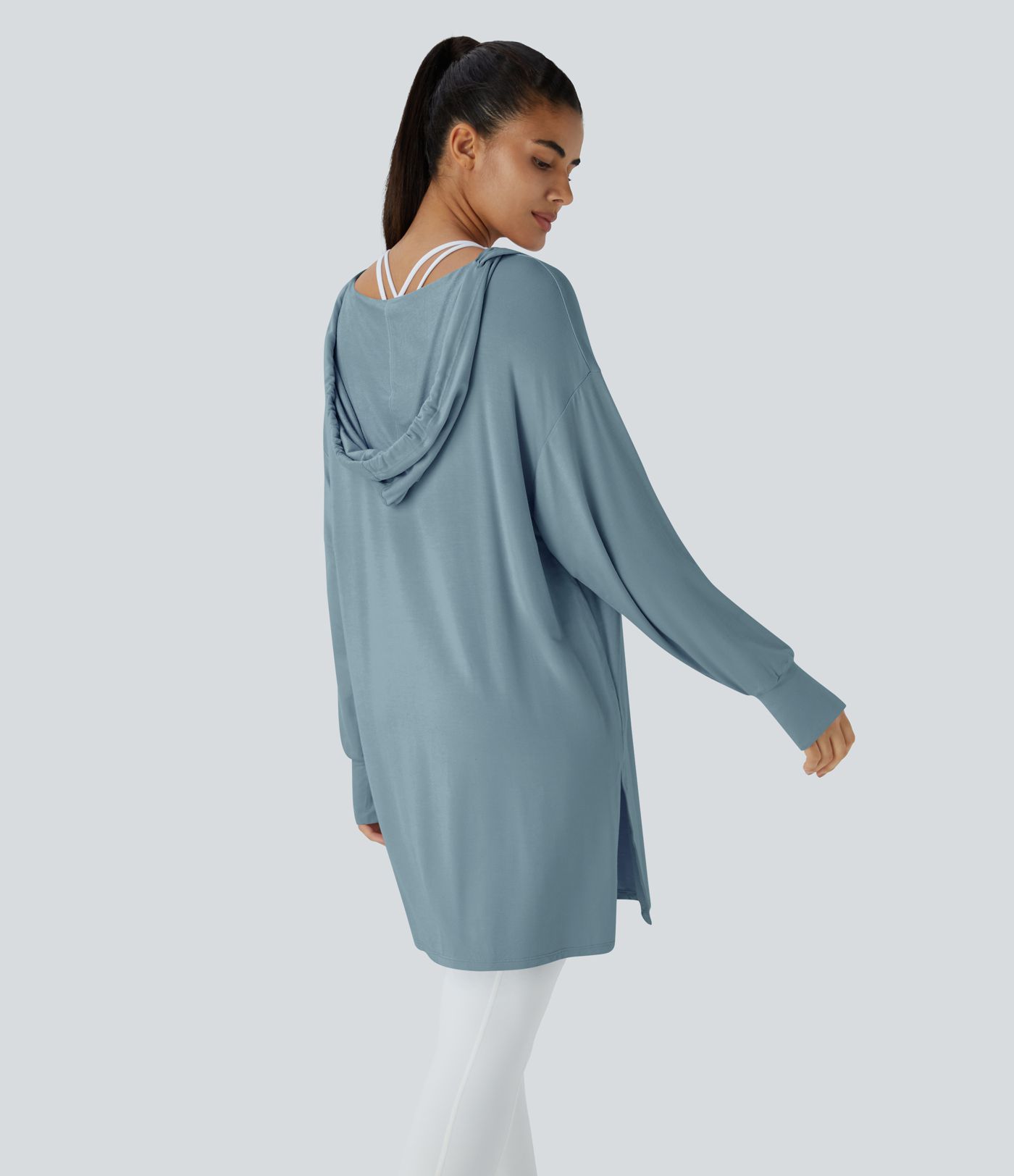 Hooded V Neck Drawstring Thumb Hole Split Longline Casual Sweatshirt