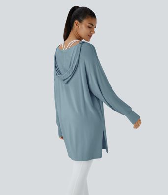 Hooded V Neck Drawstring Thumb Hole Split Longline Casual Sweatshirt