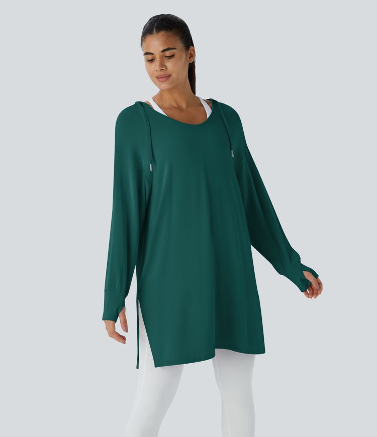 Hooded V Neck Drawstring Thumb Hole Longline Casual Sweatshirt