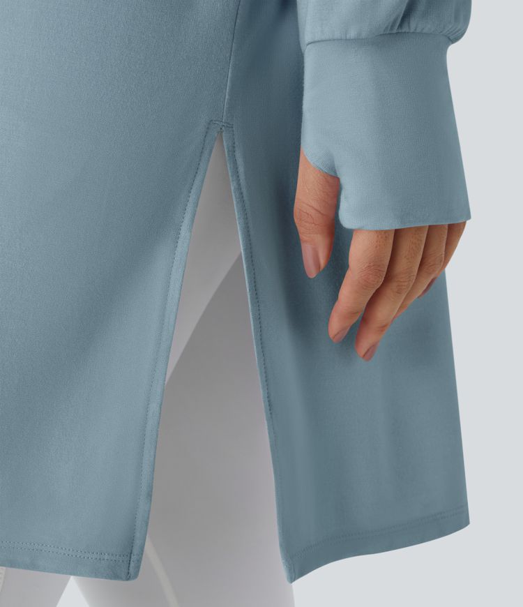 Hooded V Neck Drawstring Thumb Hole Split Longline Casual Sweatshirt