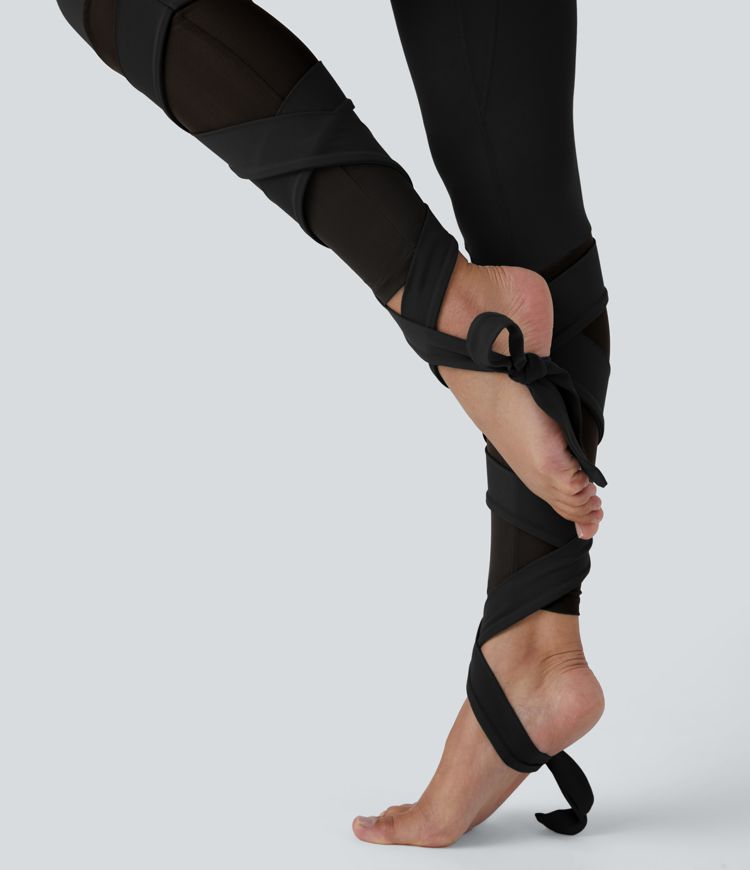 SoftlyZero™ High Waisted Contrast Mesh Lace Up Yoga 7/8 Leggings-UPF50+