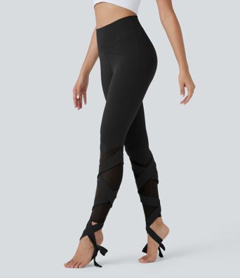 SoftlyZero™ High Waisted Contrast Mesh Lace Up Yoga 7/8 Leggings-UPF50+