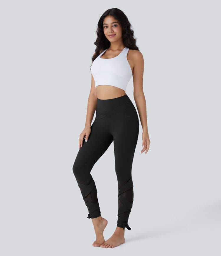 SoftlyZero™ High Waisted Contrast Mesh Lace Up Yoga 7/8 Leggings-UPF50+