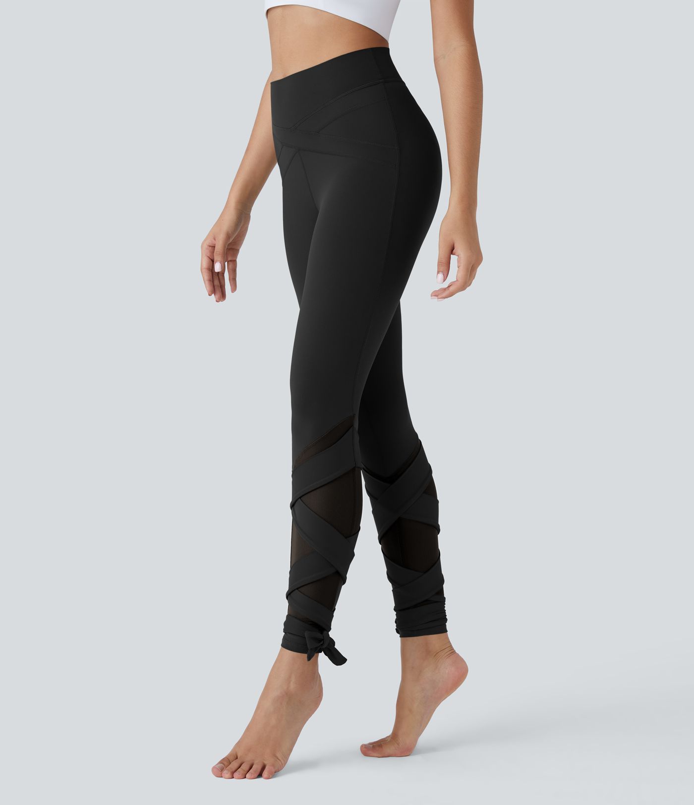 SoftlyZero™ High Waisted Contrast Mesh Lace Up Yoga 7/8 Leggings-UPF50+