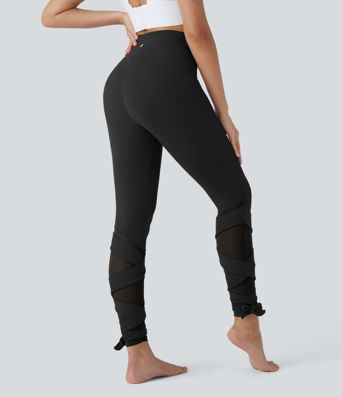 SoftlyZero™ High Waisted Contrast Mesh Lace Up Yoga 7/8 Leggings-UPF50+
