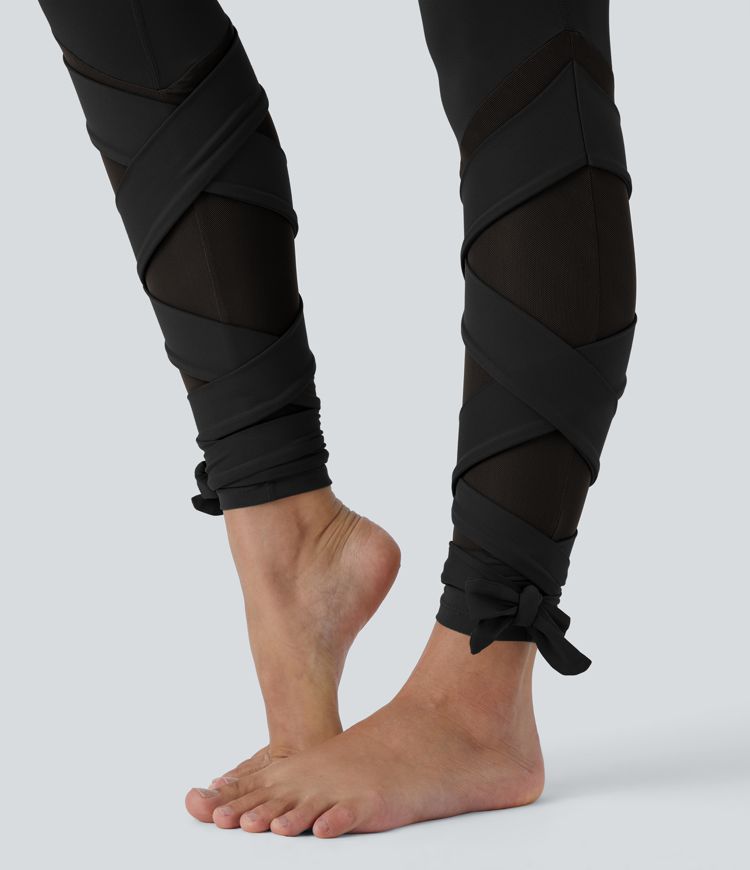 SoftlyZero™ High Waisted Contrast Mesh Lace Up Yoga 7/8 Leggings-UPF50+