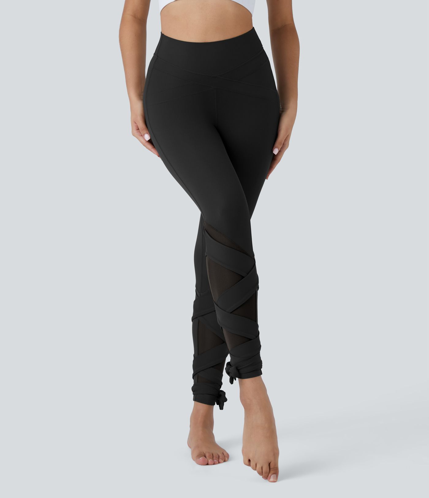 SoftlyZero™ High Waisted Contrast Mesh Lace Up Yoga 7/8 Leggings-UPF50+