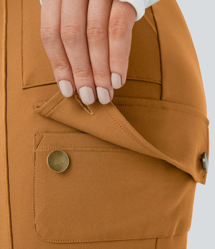 Pantalon Cargo Ajusté Taille Haute Boutonnés Fermeture Éclair Multiples Poches Uni