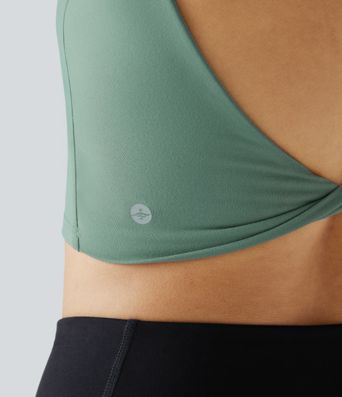 Rückenfreies, gedrehtes, kurzes Yoga-Tanktop mit doppelten Trägern