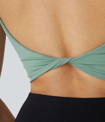 Rückenfreies, gedrehtes, kurzes Yoga-Tanktop mit doppelten Trägern