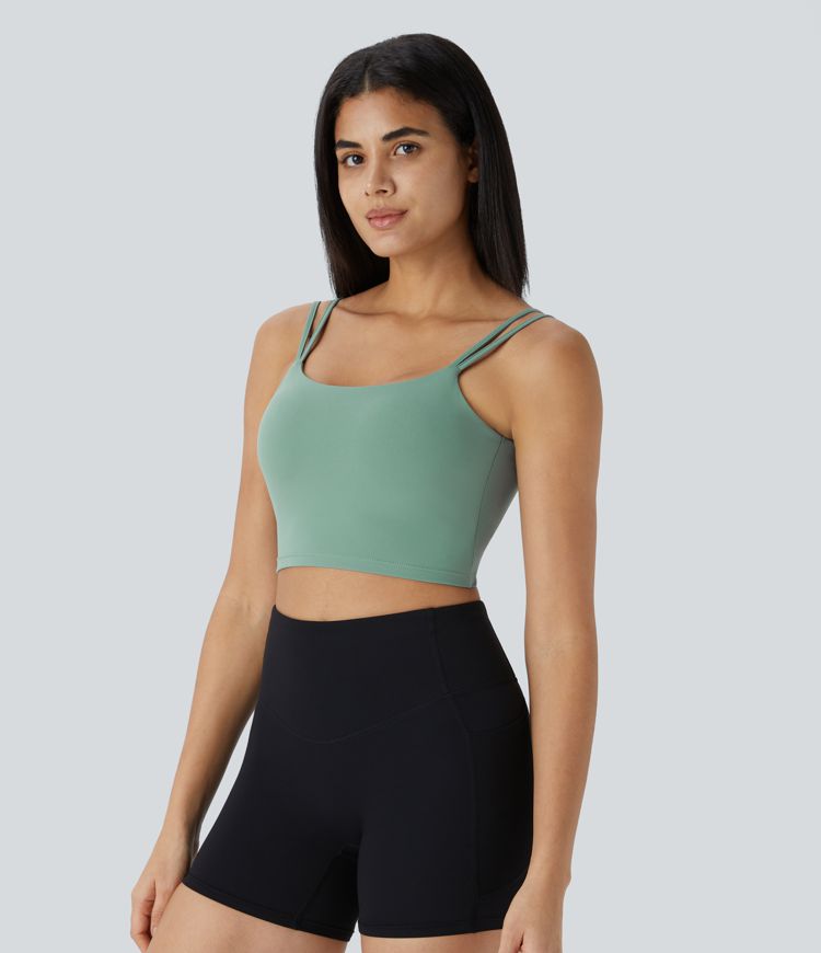 Rückenfreies, gedrehtes, kurzes Yoga-Tanktop mit doppelten Trägern