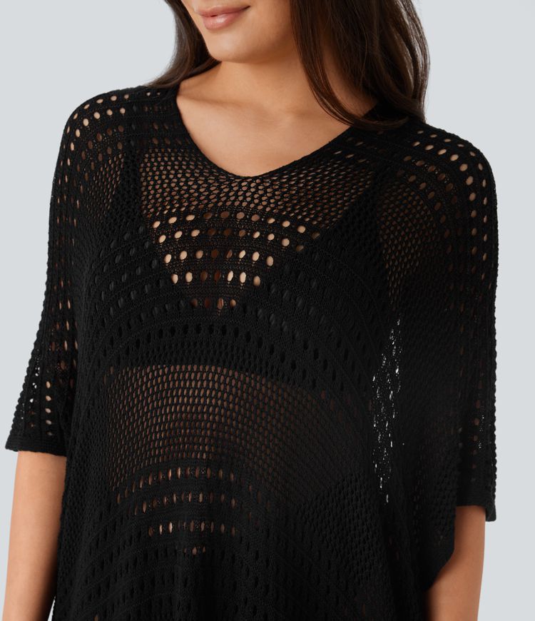 V Neck Split Lace Up High Low Hollow Out Cover Up