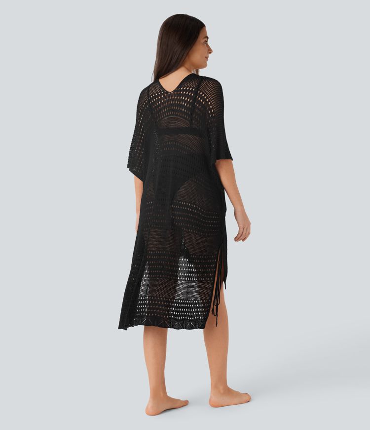 V Neck Split Lace Up High Low Hollow Out Cover Up