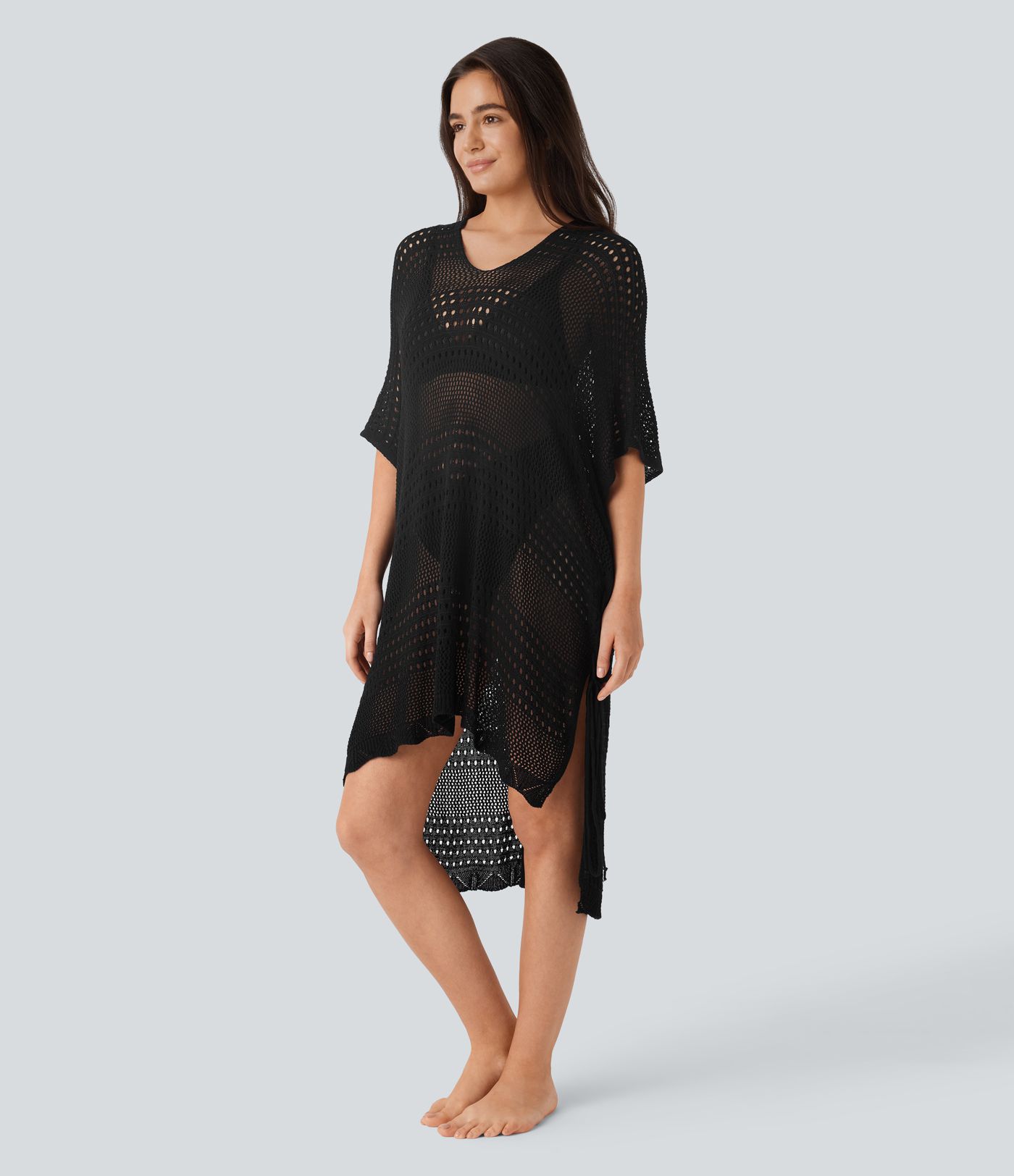 V Neck Lace Up High Low Hollow Out Cover Up