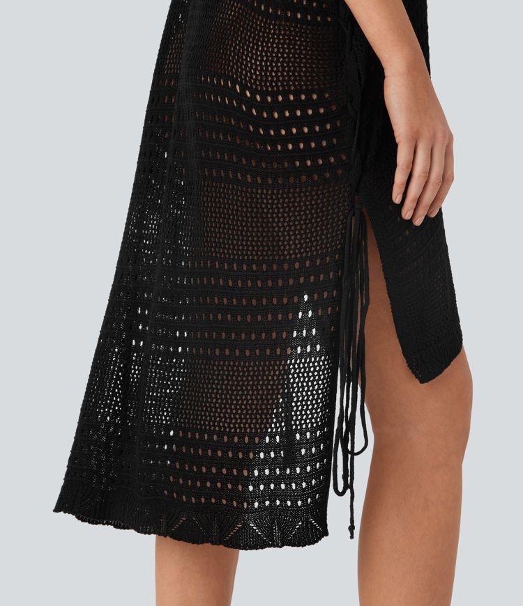 V Neck Split Lace Up High Low Hollow Out Cover Up