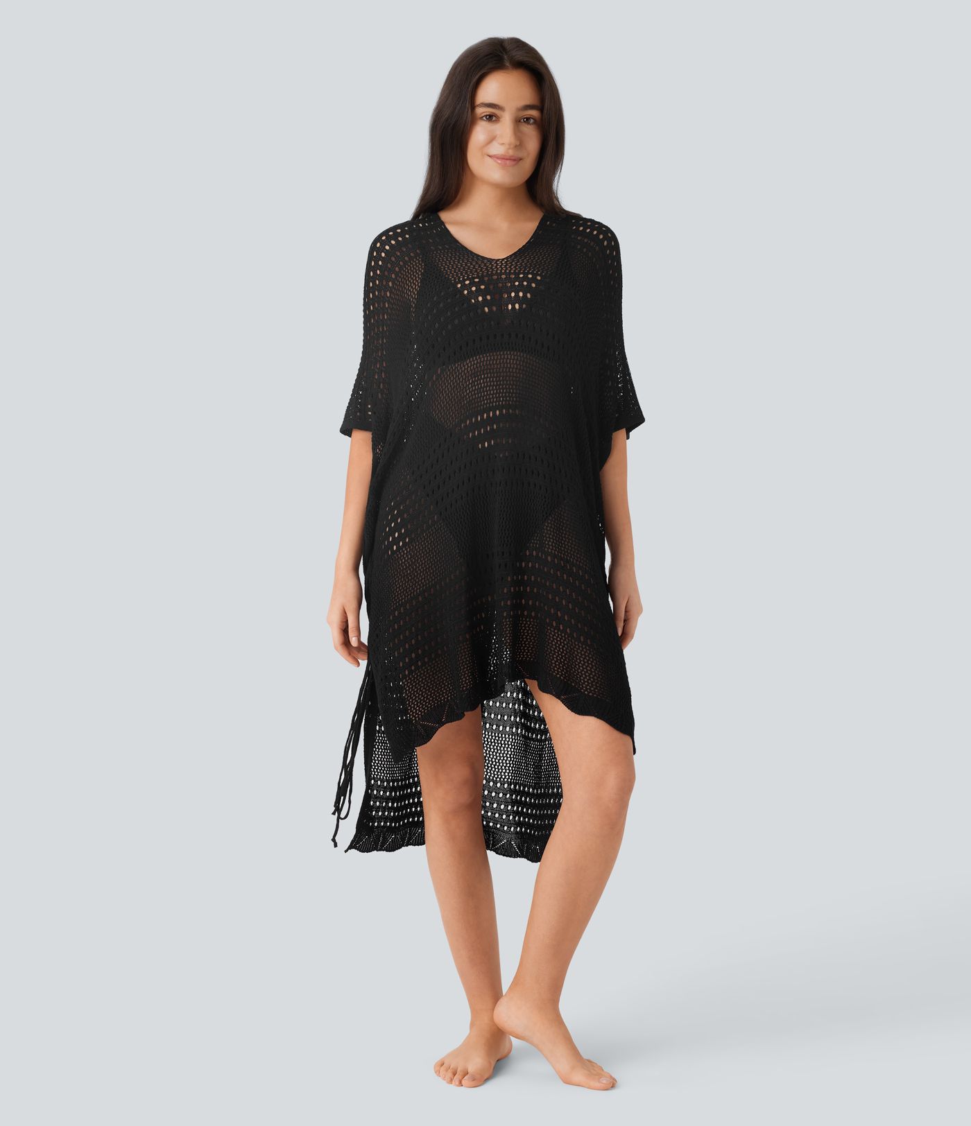 V Neck Lace Up High Low Hollow Out Cover Up