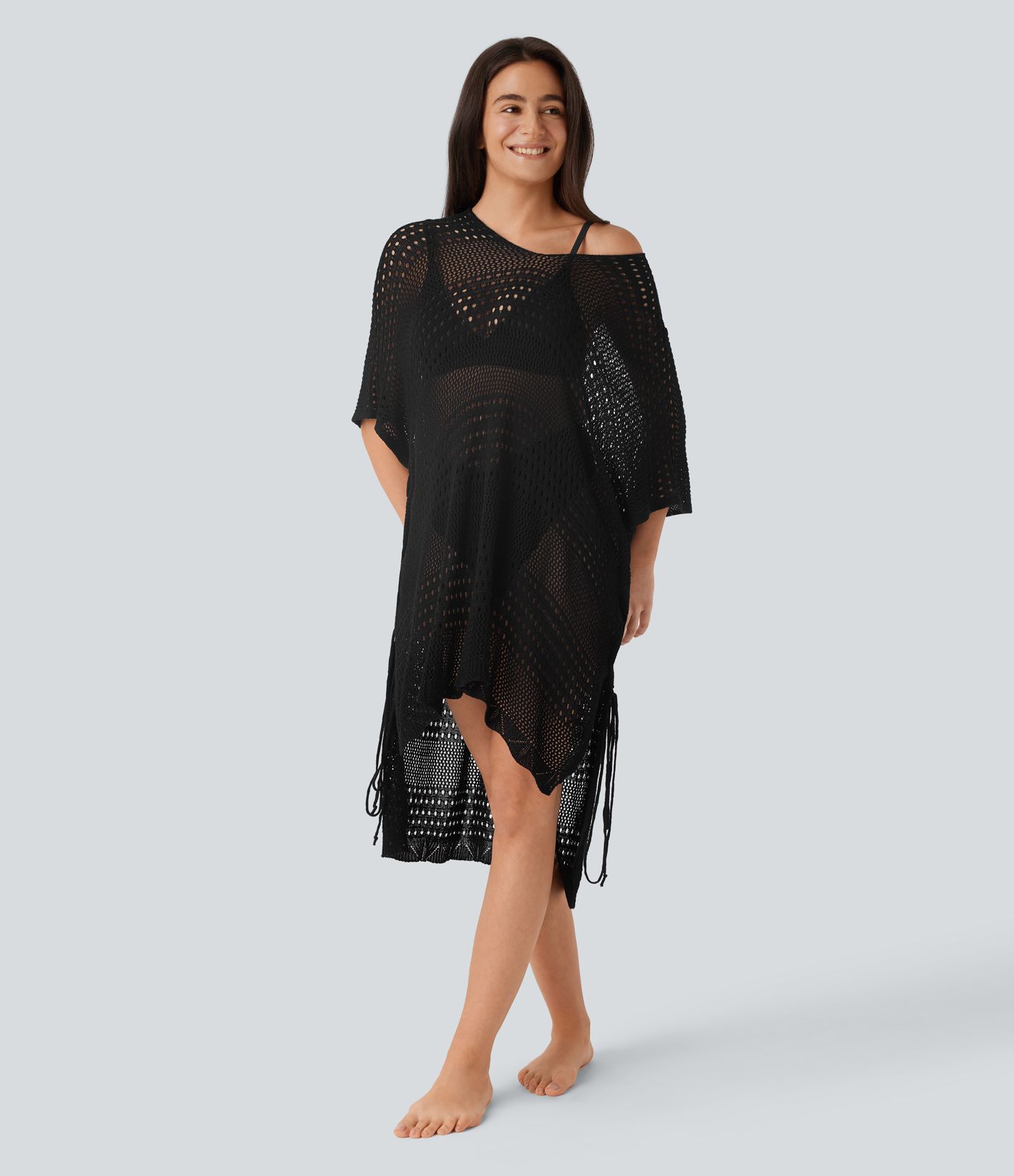 V Neck Lace Up High Low Hollow Out Cover Up