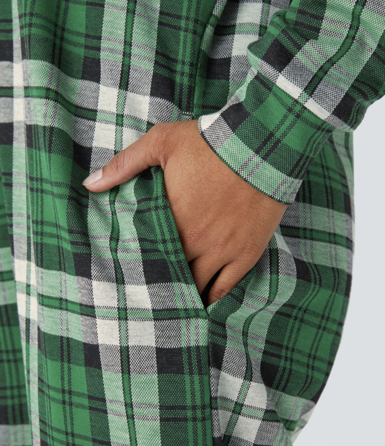 Hooded Drawstring Long Sleeve Zipper Side Pocket Plaid Casual Jogger Jumpsuit