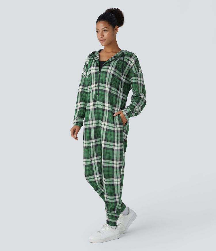 Hooded Drawstring Long Sleeve Zipper Side Pocket Plaid Casual Jogger Jumpsuit
