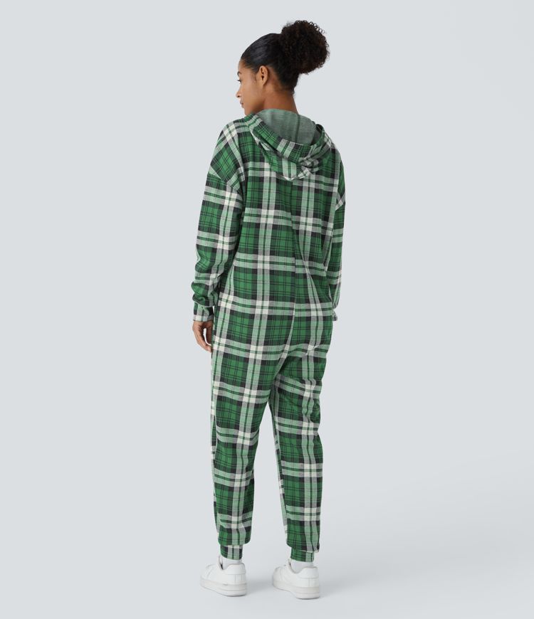 Hooded Drawstring Long Sleeve Zipper Pocket Plaid Casual Jogger Jumpsuit