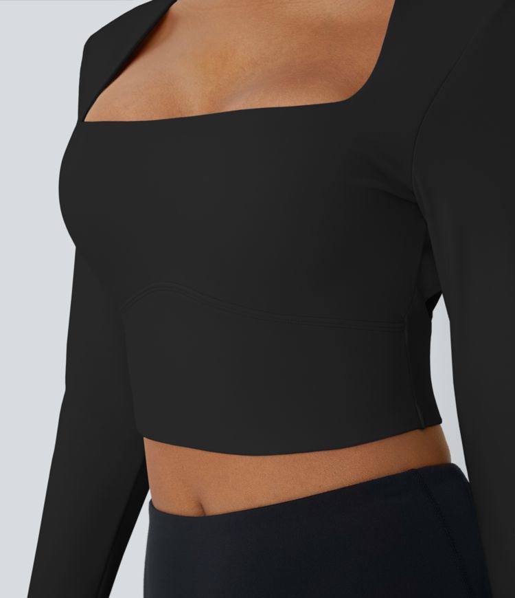 Haut de yoga court Softlyzero™ Plush avec col carré, dos nu, manches longues et passe-pouces