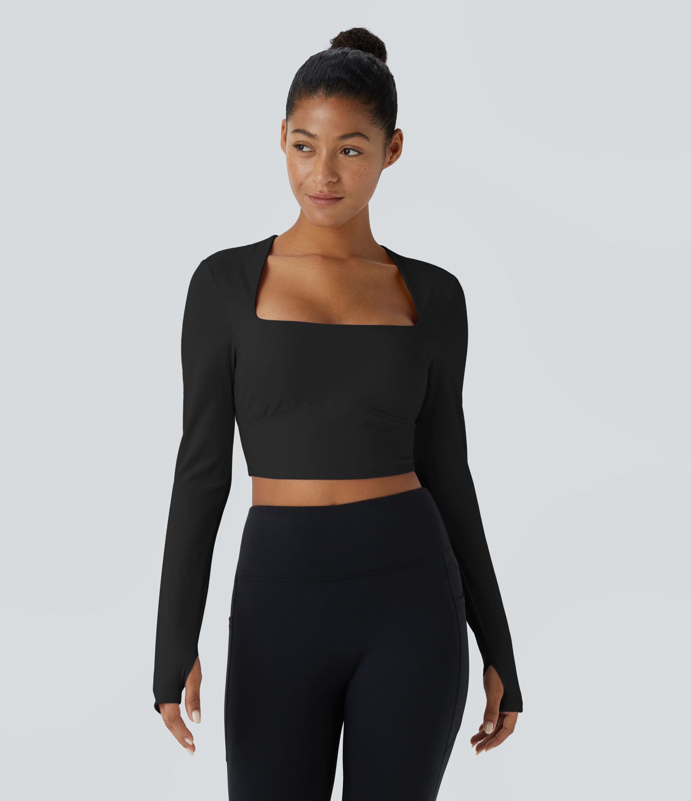 Softlyzero™ Plush Square Neck Backless Long Sleeve Thumb Hole Cropped Yoga Sports Top