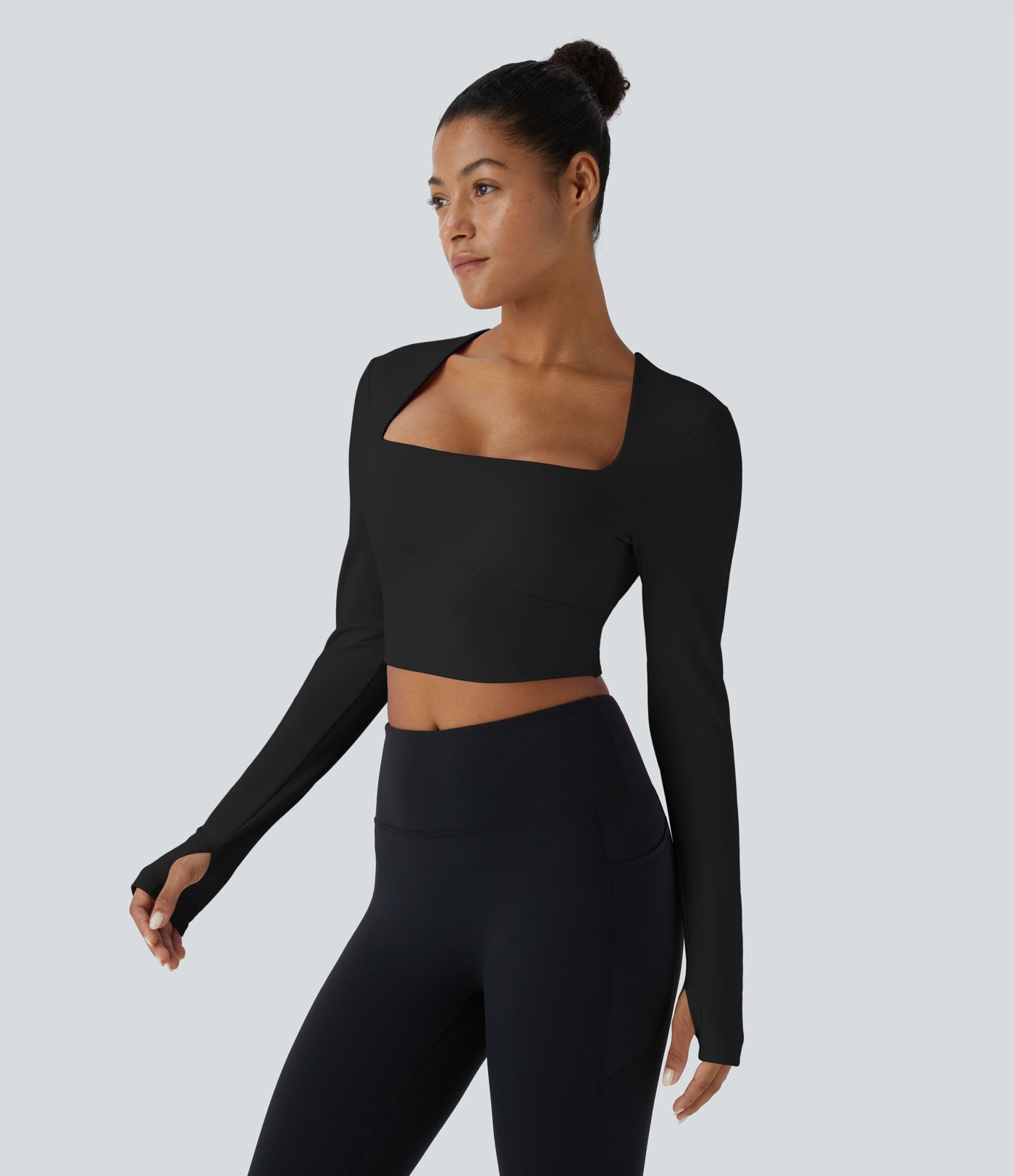 Softlyzero™ Plush Square Neck Backless Long Sleeve Thumb Hole Cropped Yoga Sports Top