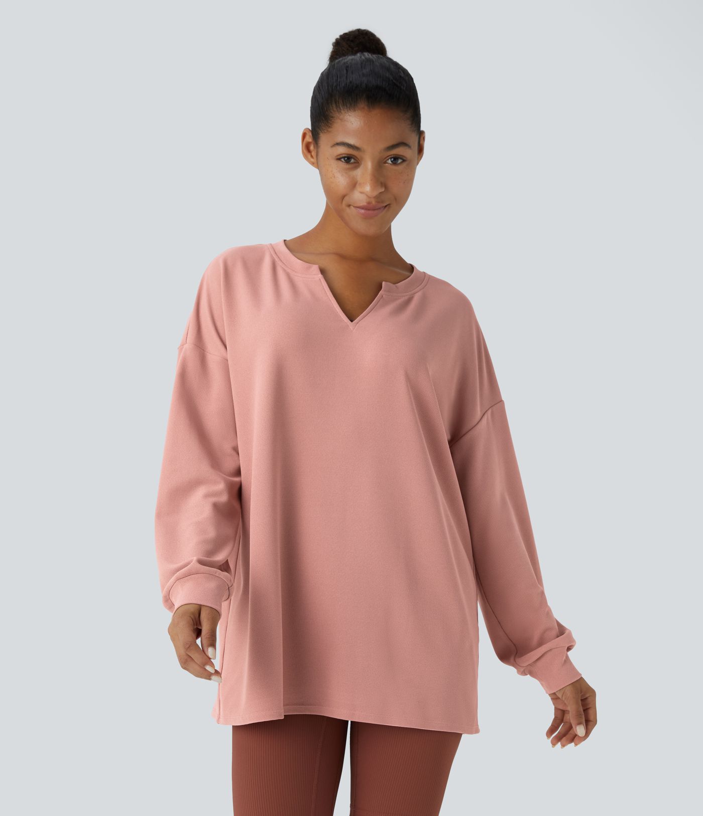 V-neck drop-shoulder relaxed waffle casual sweatshirt