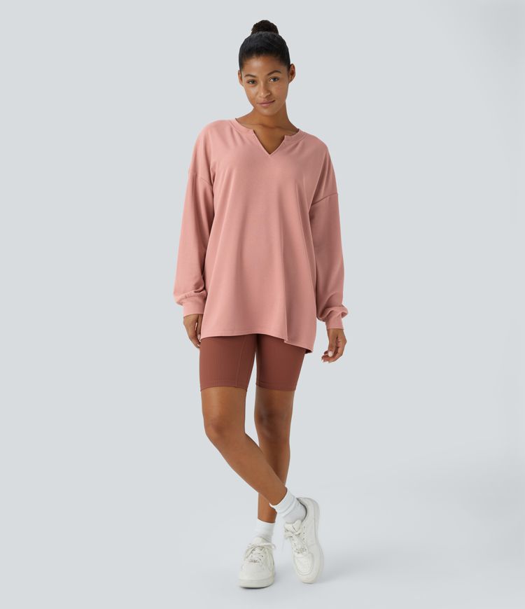 V-neck drop-shoulder relaxed waffle casual sweatshirt
