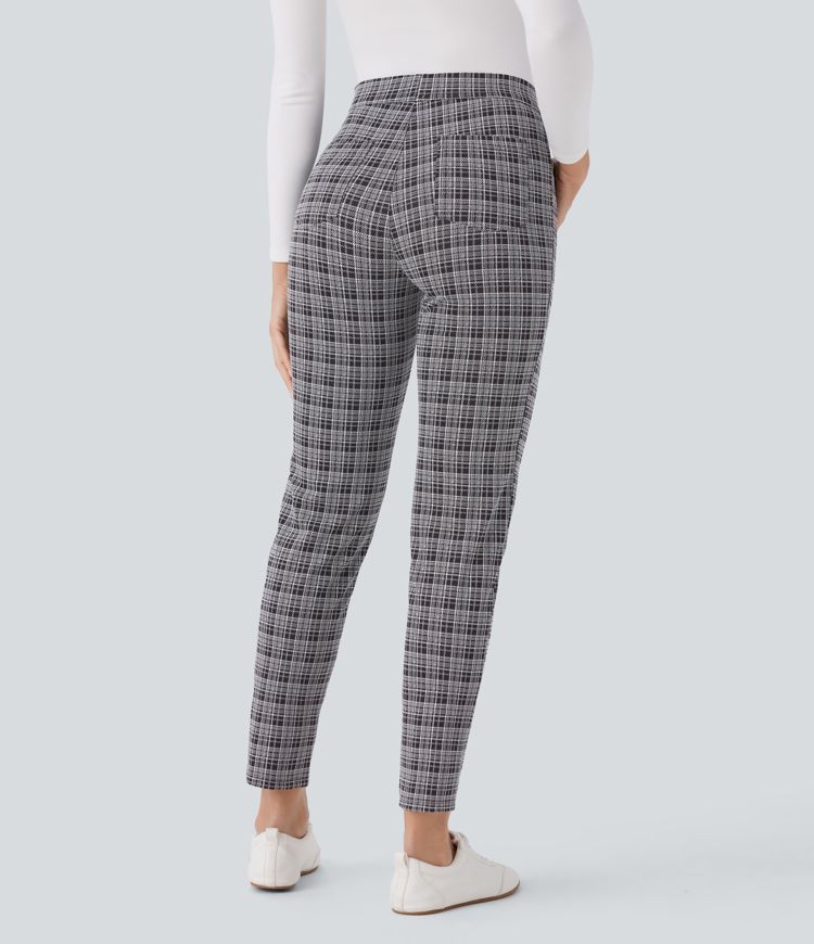 High Waisted Pockets Plaid Slim Work Pants