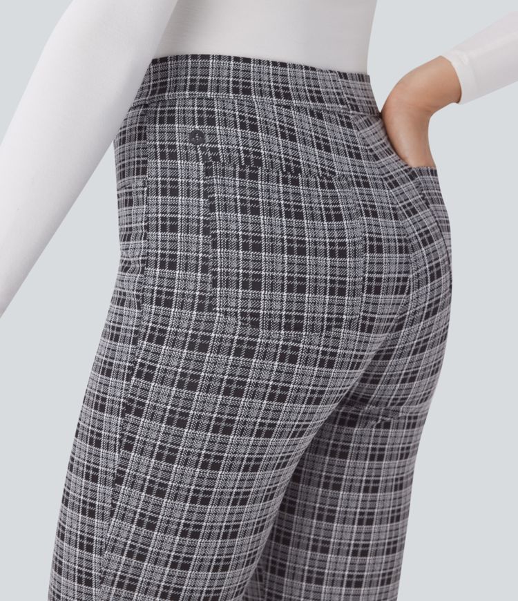High Waisted Pockets Plaid Slim Work Pants