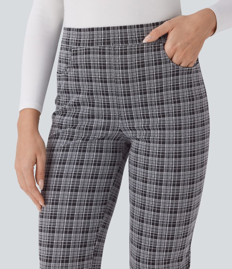 High Waisted Pockets Plaid Slim Work Pants