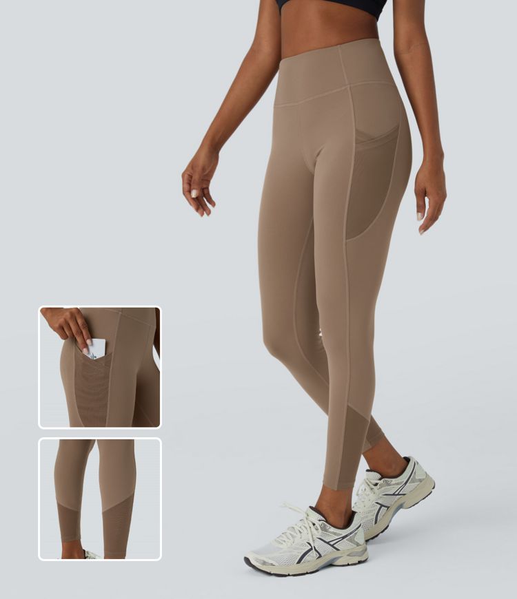 High-waist side crossover pocket contrast mesh 7,8-part yoga leggings