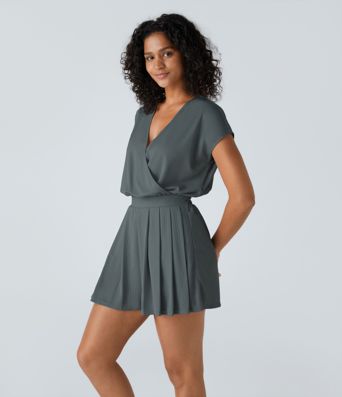 Combinaison décontractée en gaufre à col en V, manches courtes et poche