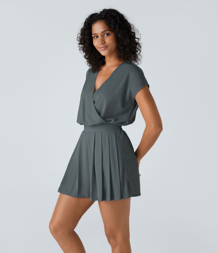 Combinaison décontractée en gaufre à col en V, manches courtes et poche