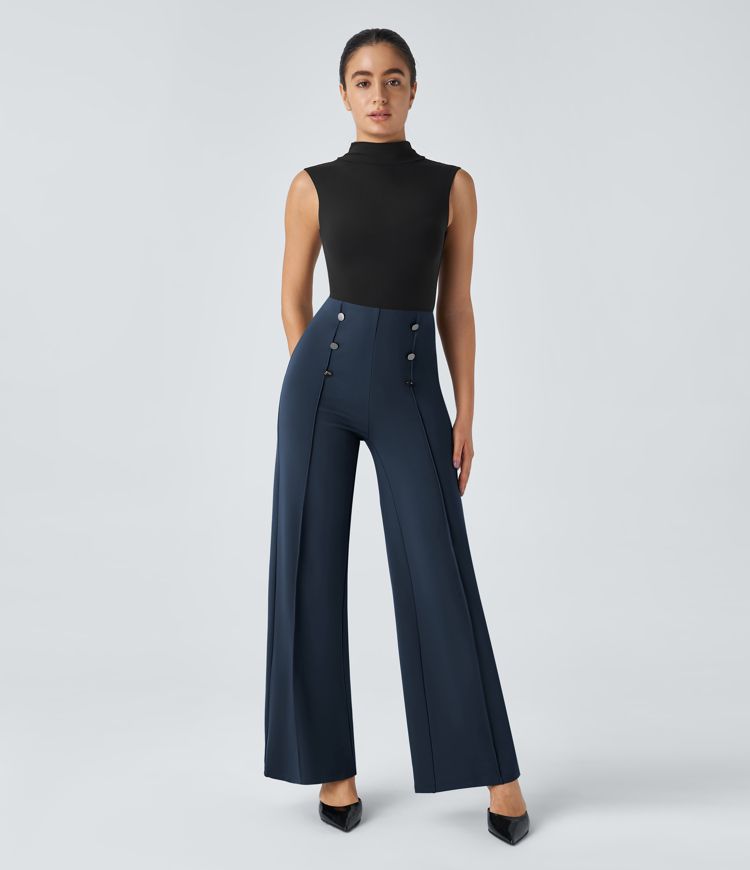 High Waisted Pocket Wide Leg Work Pants