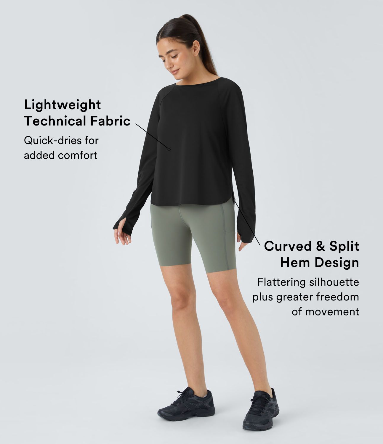 Geteiltes Wander-Top mit Rundhalsausschnitt, Raglan-Ärmel, Daumenloch und abgerundetem Saum