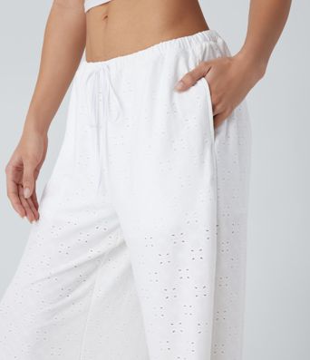 Low Rise Drawstring Pocket 2-in-1 Wide Leg Eyelet Embroidery Casual Pants